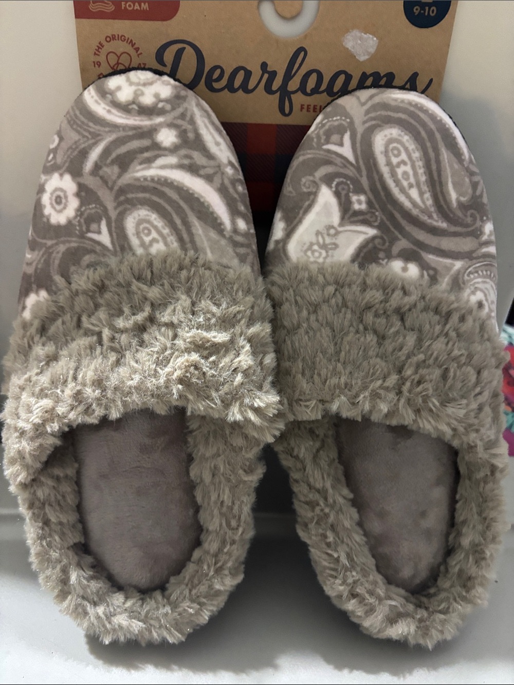 dearfoams grey Paisley Faux-Fur Slip-On Women's Memory Foam Slippers